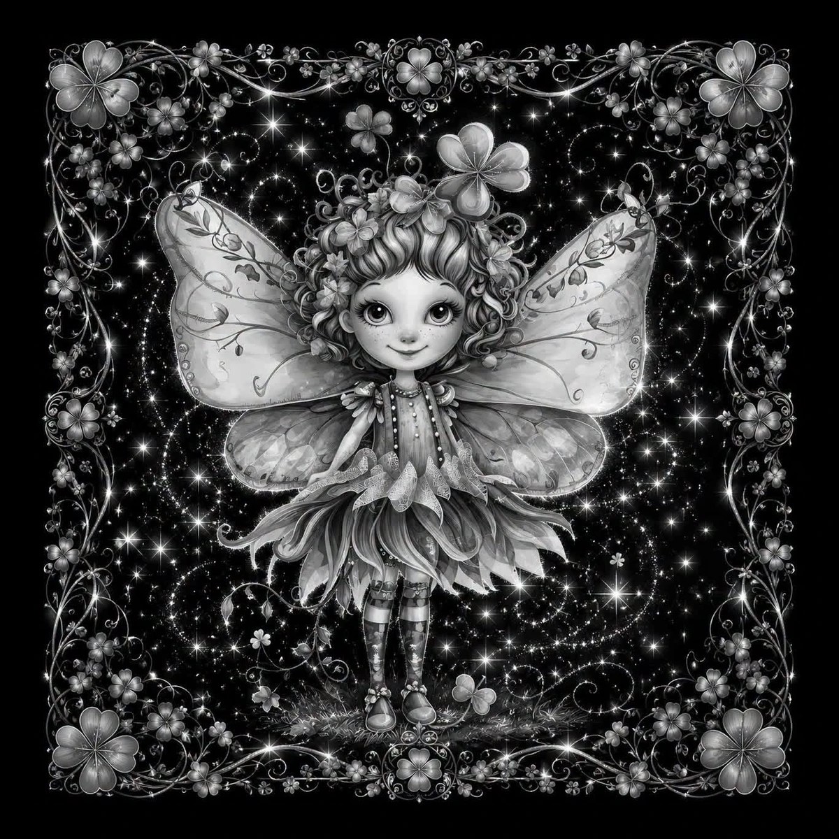 A whimsical child fairy fills the scene with oversized eyes, soft features, ornate flowers, and sparkling wings.