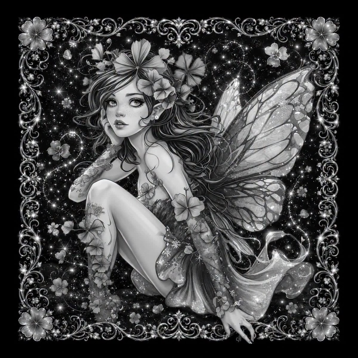 A seated fairy pauses beneath a starry sky, framed by ornamental details that give the piece a quiet dreamlike mood.
