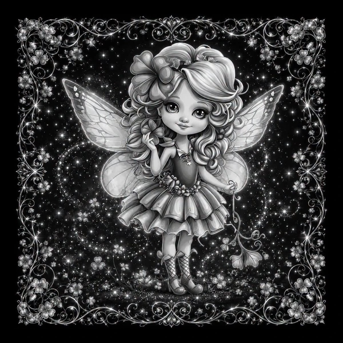 A tiny fairy with a playful expression sits inside a decorative square frame accented with clover and fantasy details.