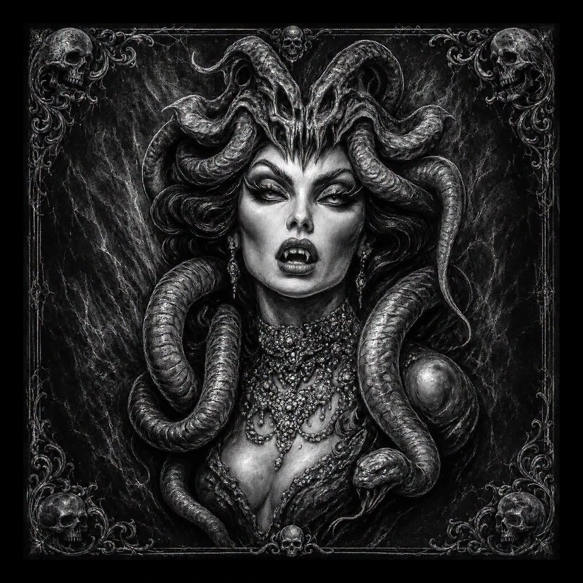 A dark Medusa portrait pairs living serpents, pale features, and elaborate jewelry for a regal gothic centerpiece.