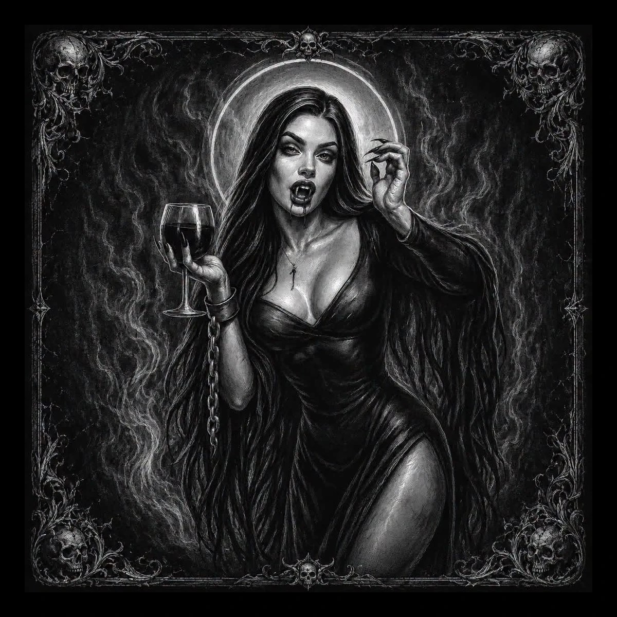 A poised vampire woman emerges from deep shadow with vintage gothic styling and a calm but unsettling presence.