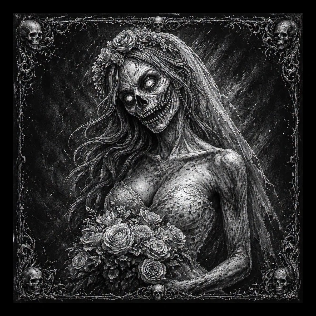 An undead bride stares from beneath a tattered veil, blending bridal elegance with decay and classic gothic horror.