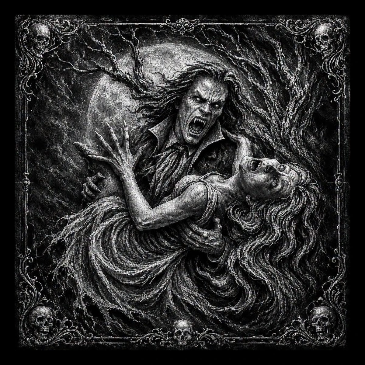 A violent clash between monstrous figures captures the instant before impact in a dark scratchboard-inspired scene.