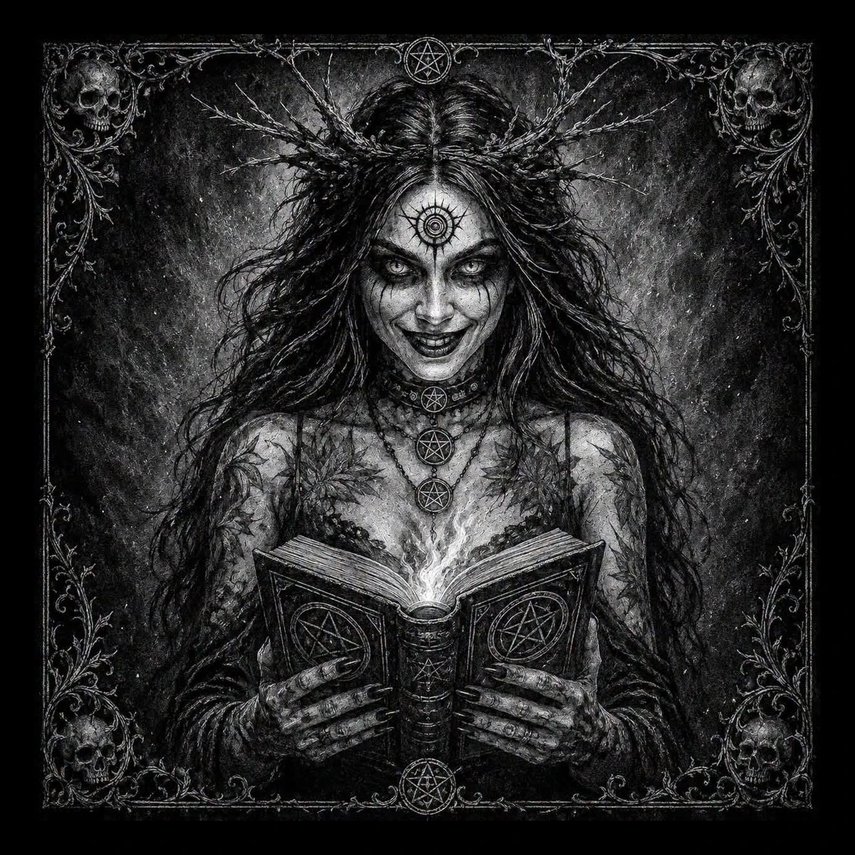 A lone witch studies an open grimoire while darkness gathers around her, giving the piece the feel of forbidden knowledge.