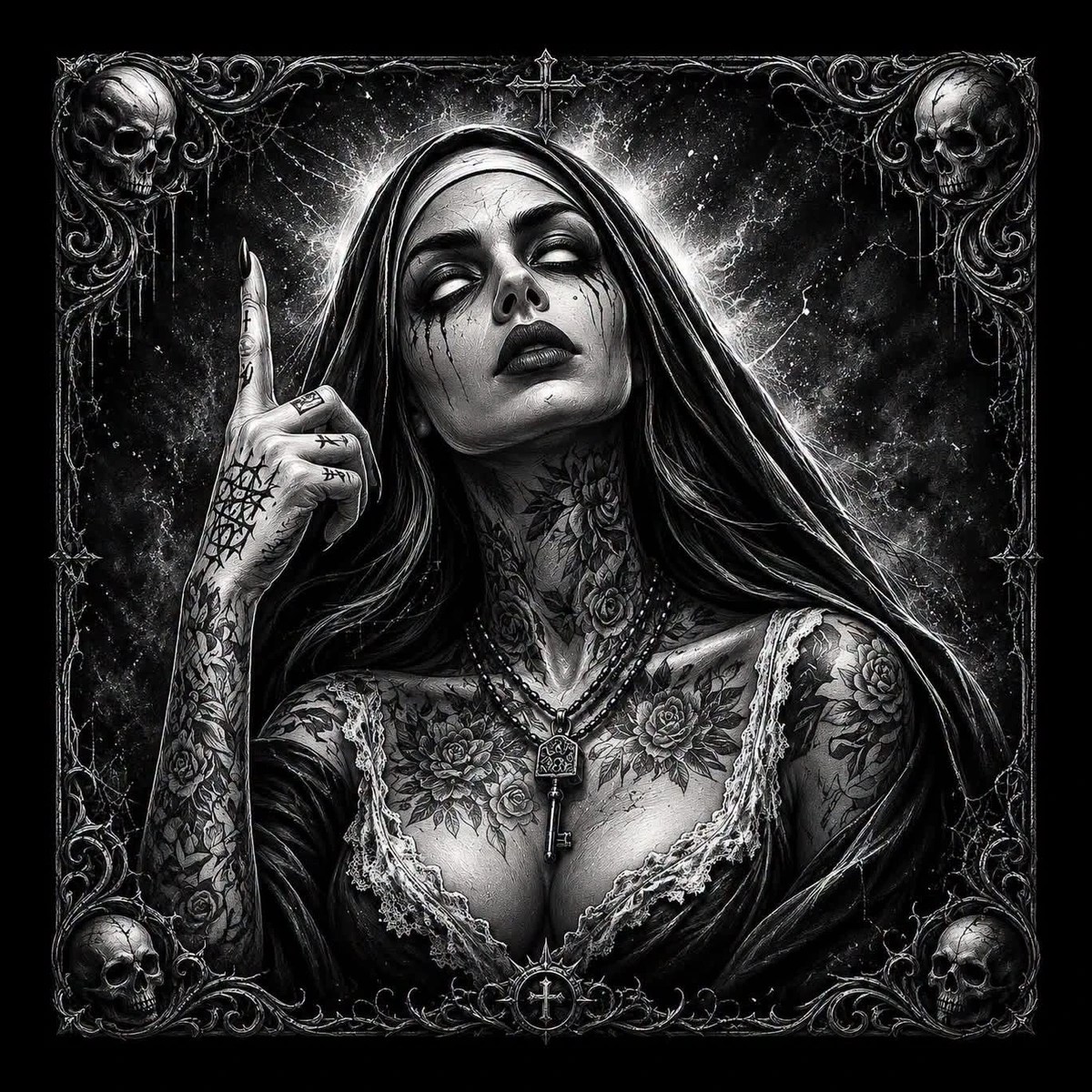 A severe gothic nun points directly outward, her tattooed face and hollow expression creating an eerie devotional portrait.