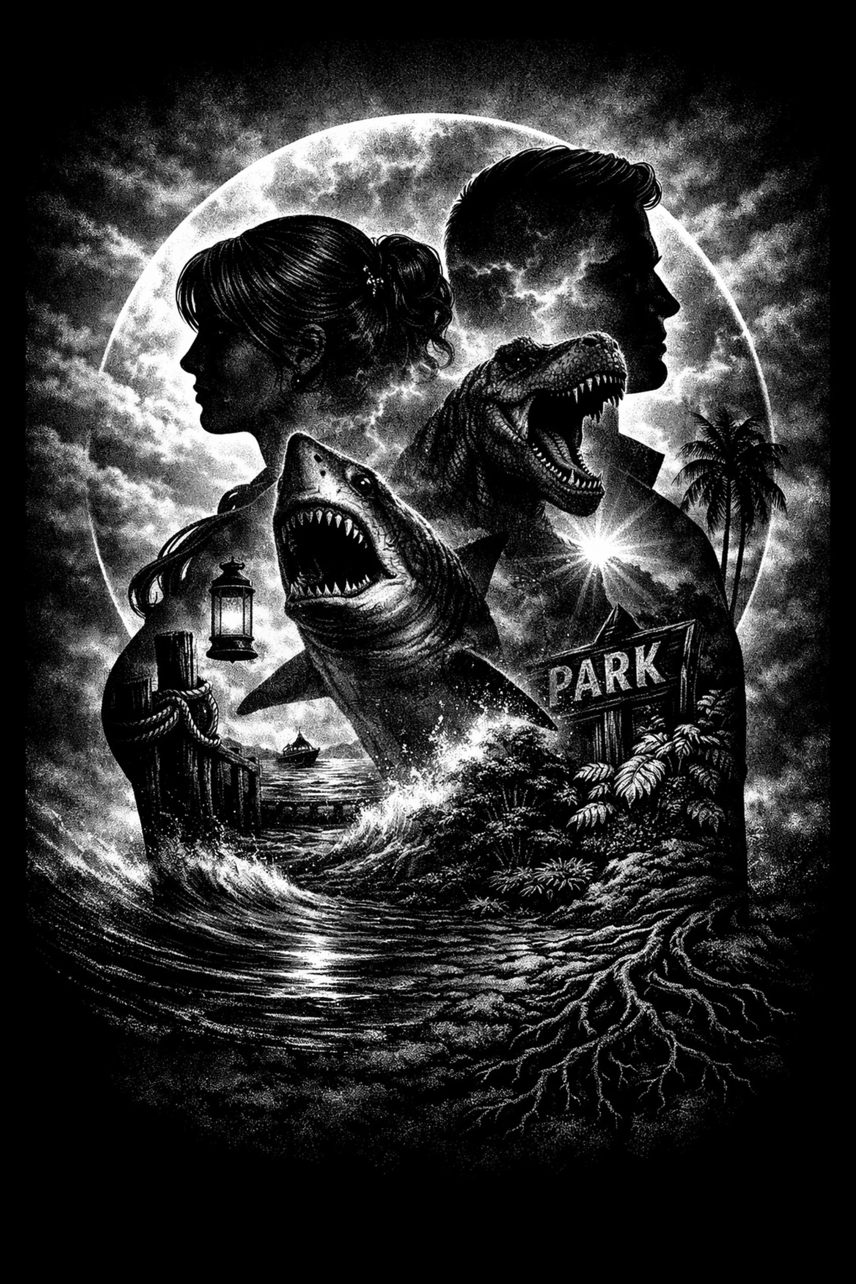 A shark, a dinosaur, ocean waves, and tropical park imagery collide in a wild mashup built for fans of creature-driven adventure.