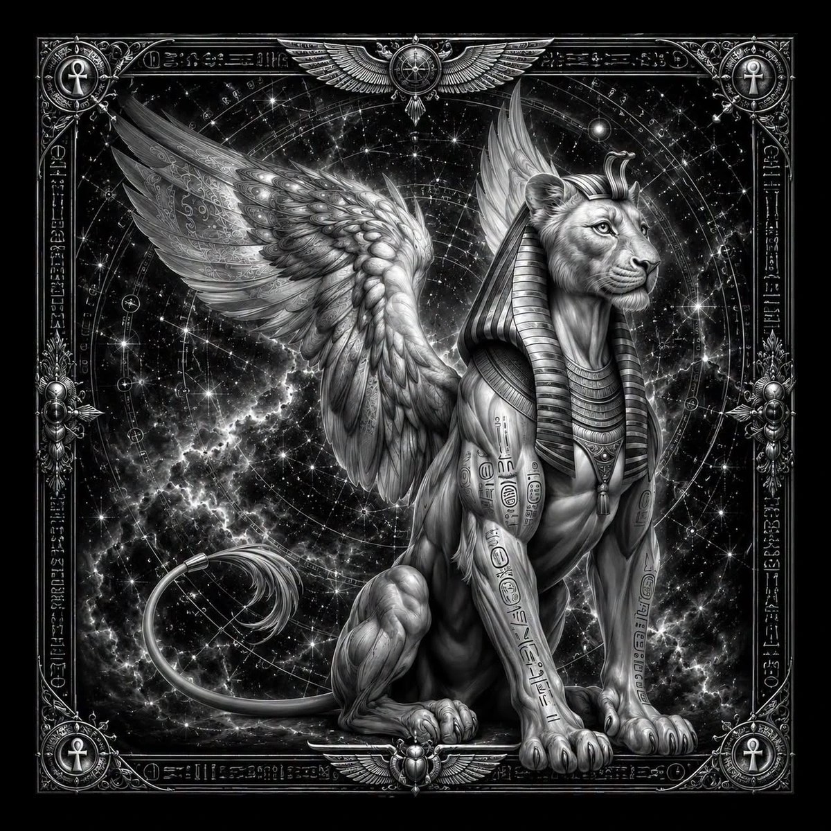 A winged sphinx-lion wears an Egyptian headdress beneath a star-filled sky, combining ancient symbolism with cosmic fantasy.
