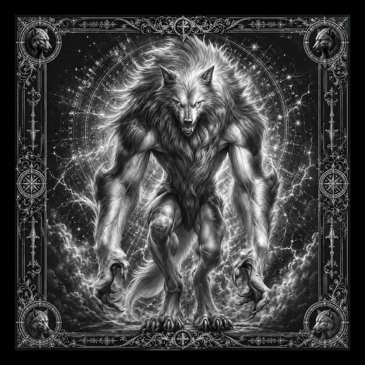 A towering werewolf rises on its hind legs with jaws open, bringing raw monster energy and old horror-poster attitude.