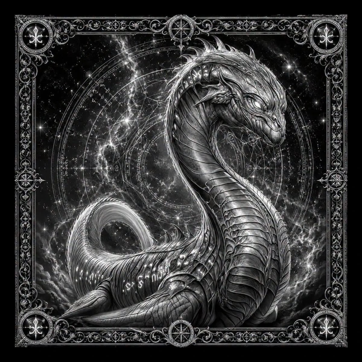 A serpent-dragon coils through a celestial occult frame, surrounded by symbols and ornate metallic-looking detail.