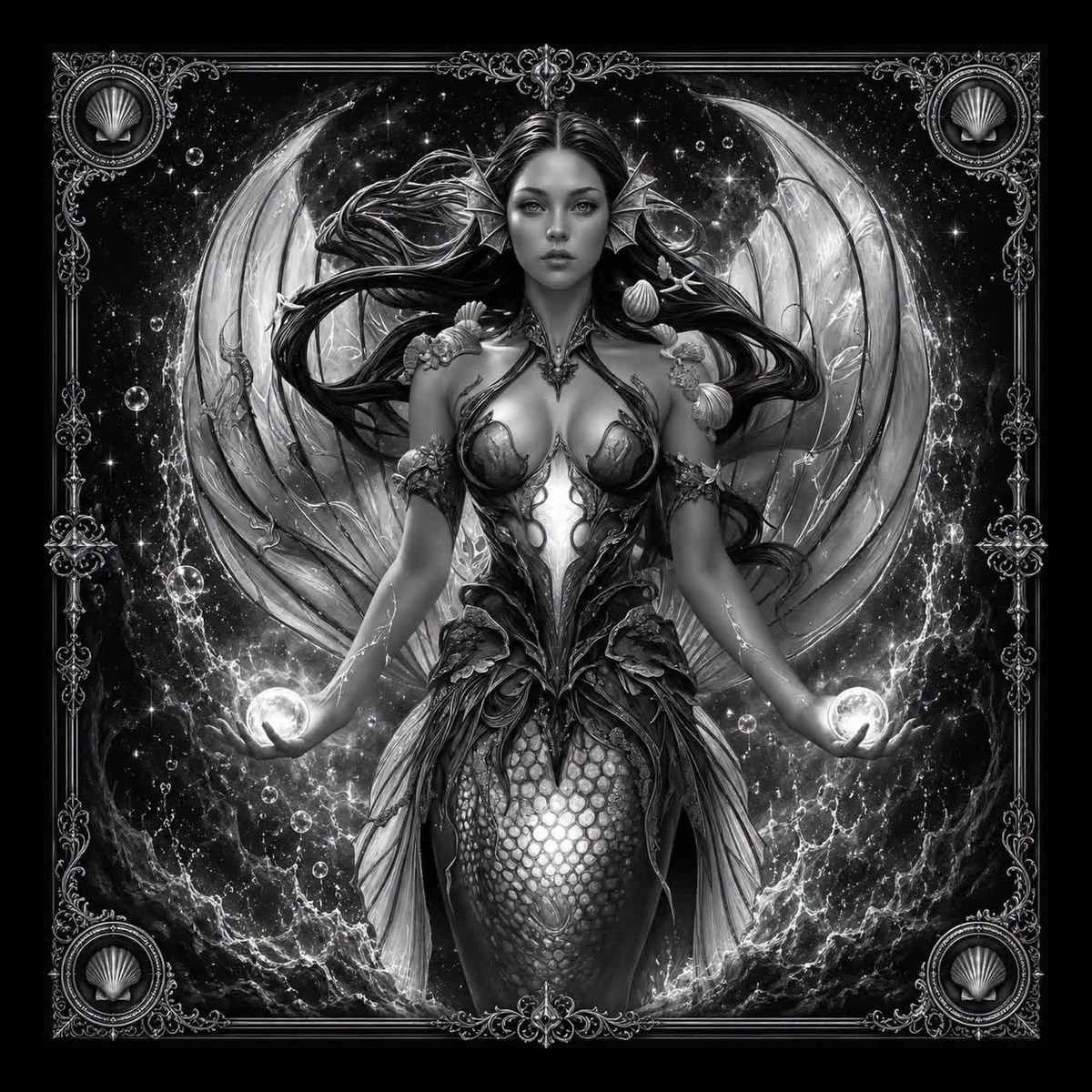 A mermaid-like fantasy figure holds a glowing orb in each hand, blending sea, fairy, and celestial imagery.