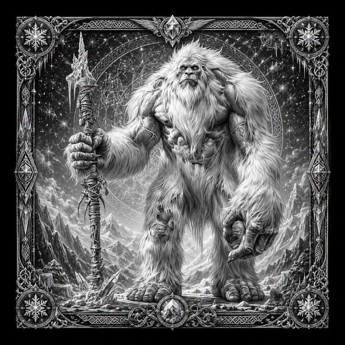 A massive frost giant stands against an icy setting, covered in heavy white fur and built to feel larger than life.