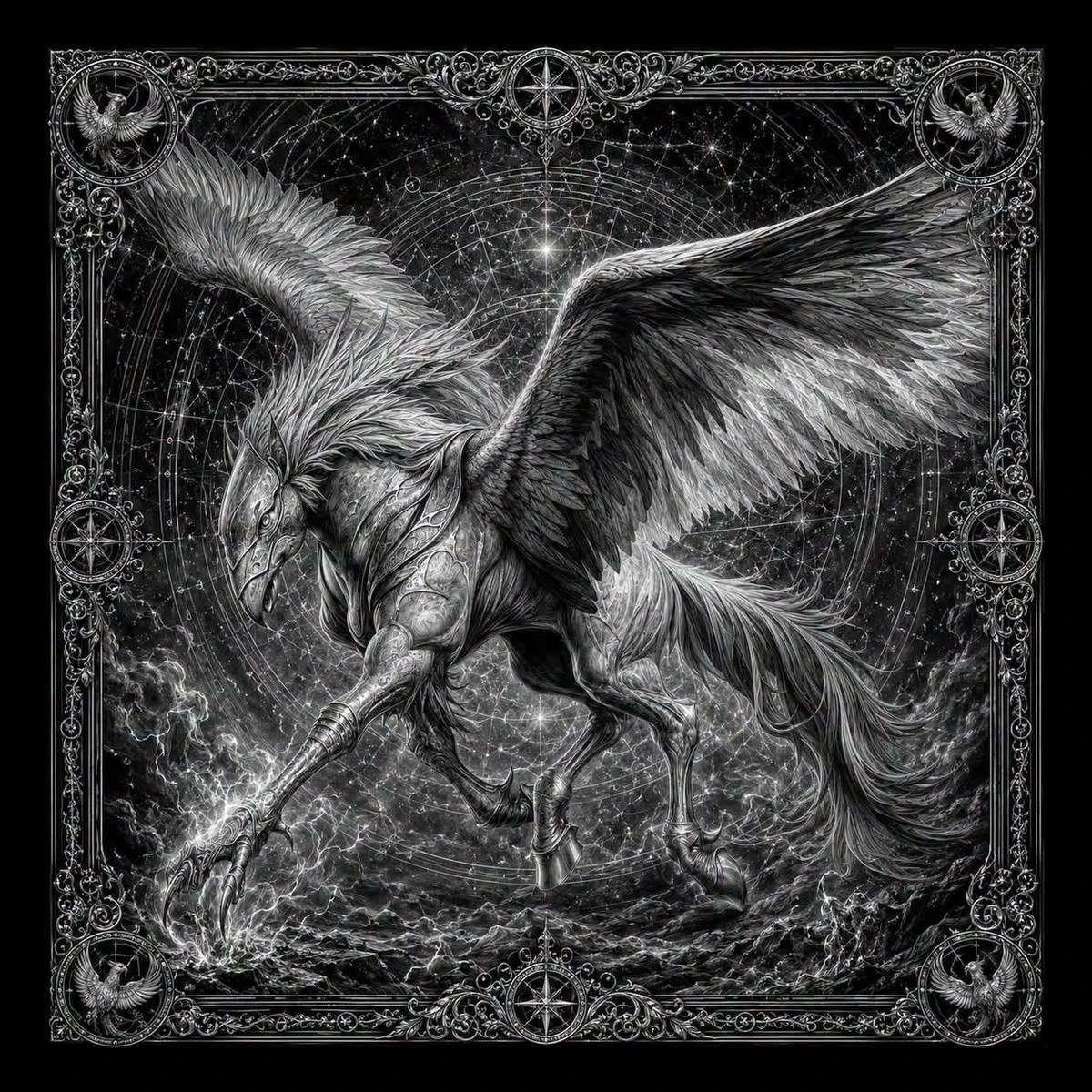 A griffin and Pegasus hybrid leaps through a starfield inside a compass-inspired frame, mixing myth, motion, and exploration.