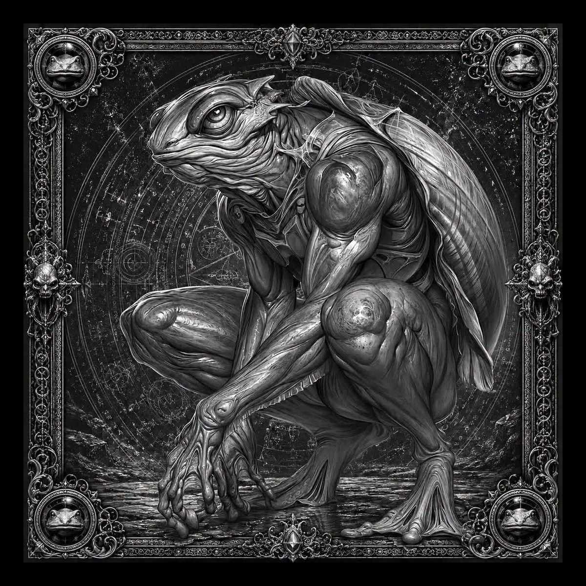 A strange biomechanical creature crouches inside an occult frame, part frog, part turtle, and part machine.