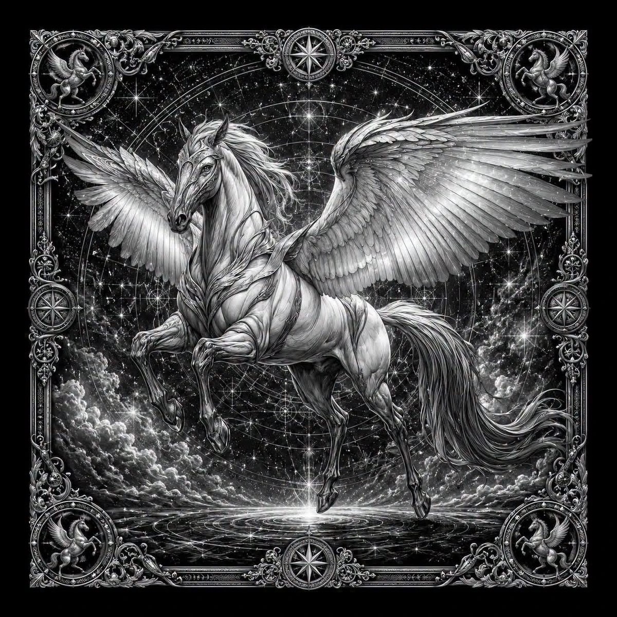 A rearing Pegasus spreads its wings above a reflective pool while stars and astrolabe-inspired details surround the scene.