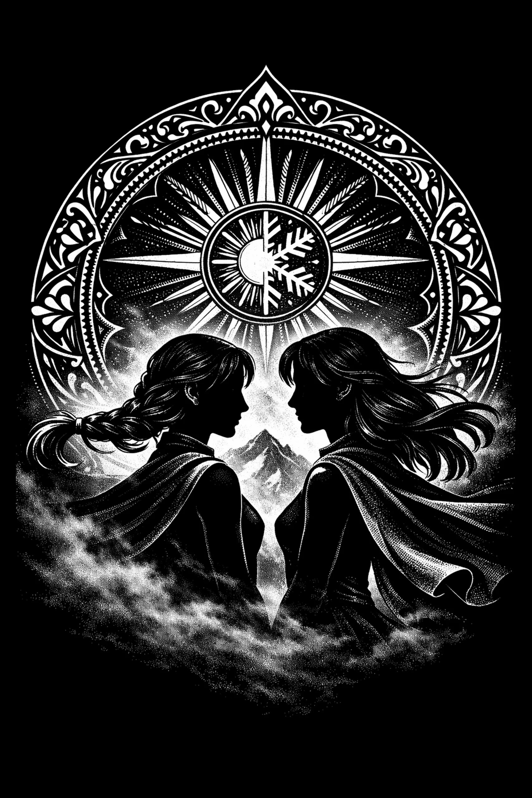 Two women face one another beneath a circular sun-and-snow symbol, balancing warmth and winter in a simple symbolic scene.