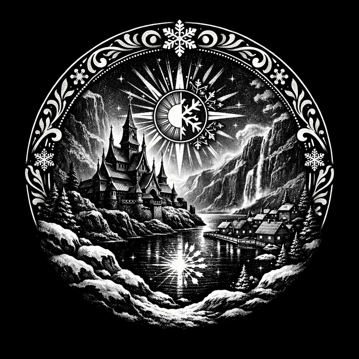 A winter village and stave-church castle sit beside a quiet fjord beneath a celestial snow emblem.
