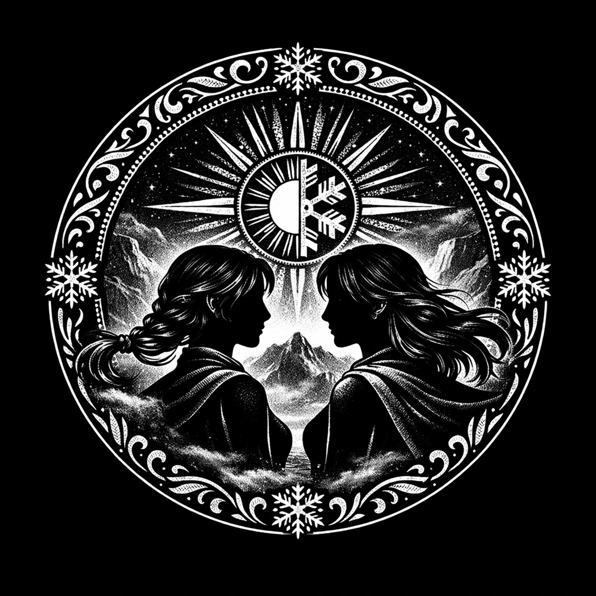 Two female silhouettes face each other against mountains and stars beneath a symbol that joins sunlight and snow.