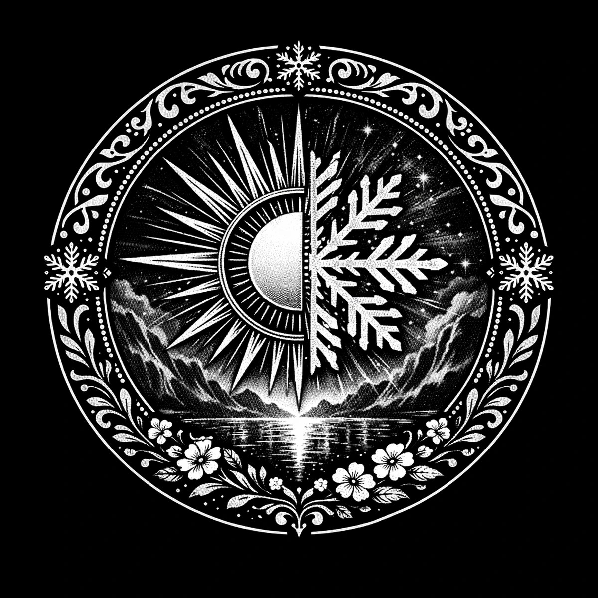 A circular landscape divides sunlight and snow into two halves, turning the changing seasons into a decorative medallion.