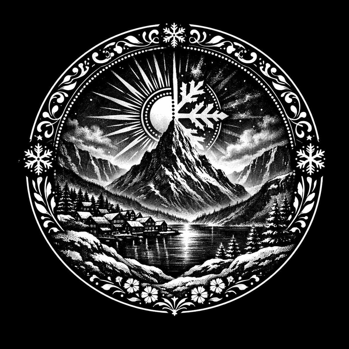 An alpine landscape sits inside an ornate round medallion where sun and snow meet across the same horizon.