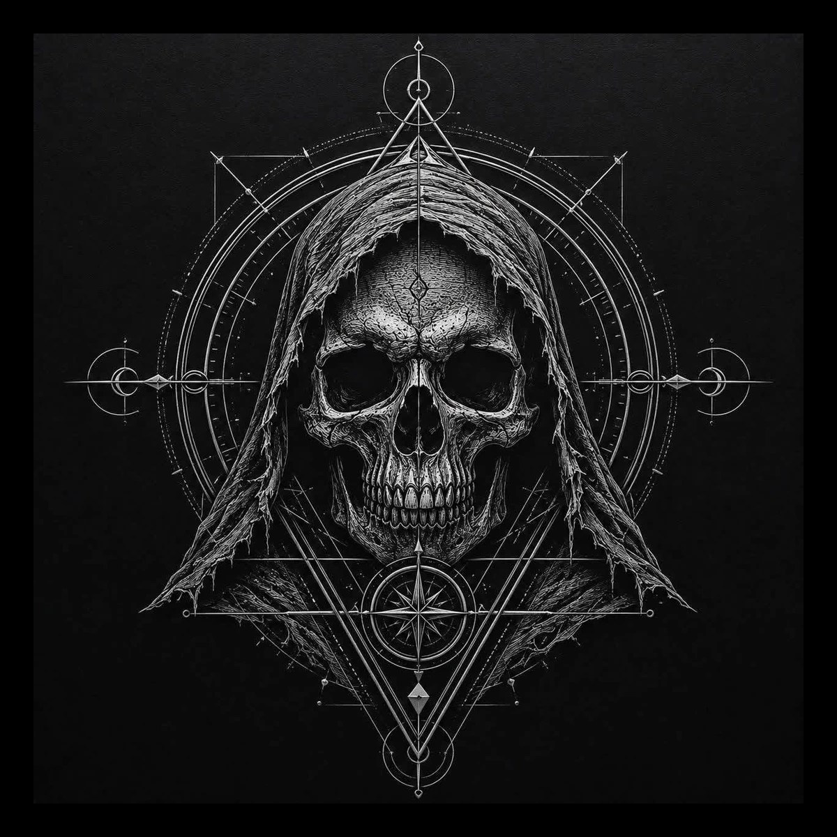 A skull peers from a torn hood while geometric occult diagrams surround it like pages from a forbidden manuscript.
