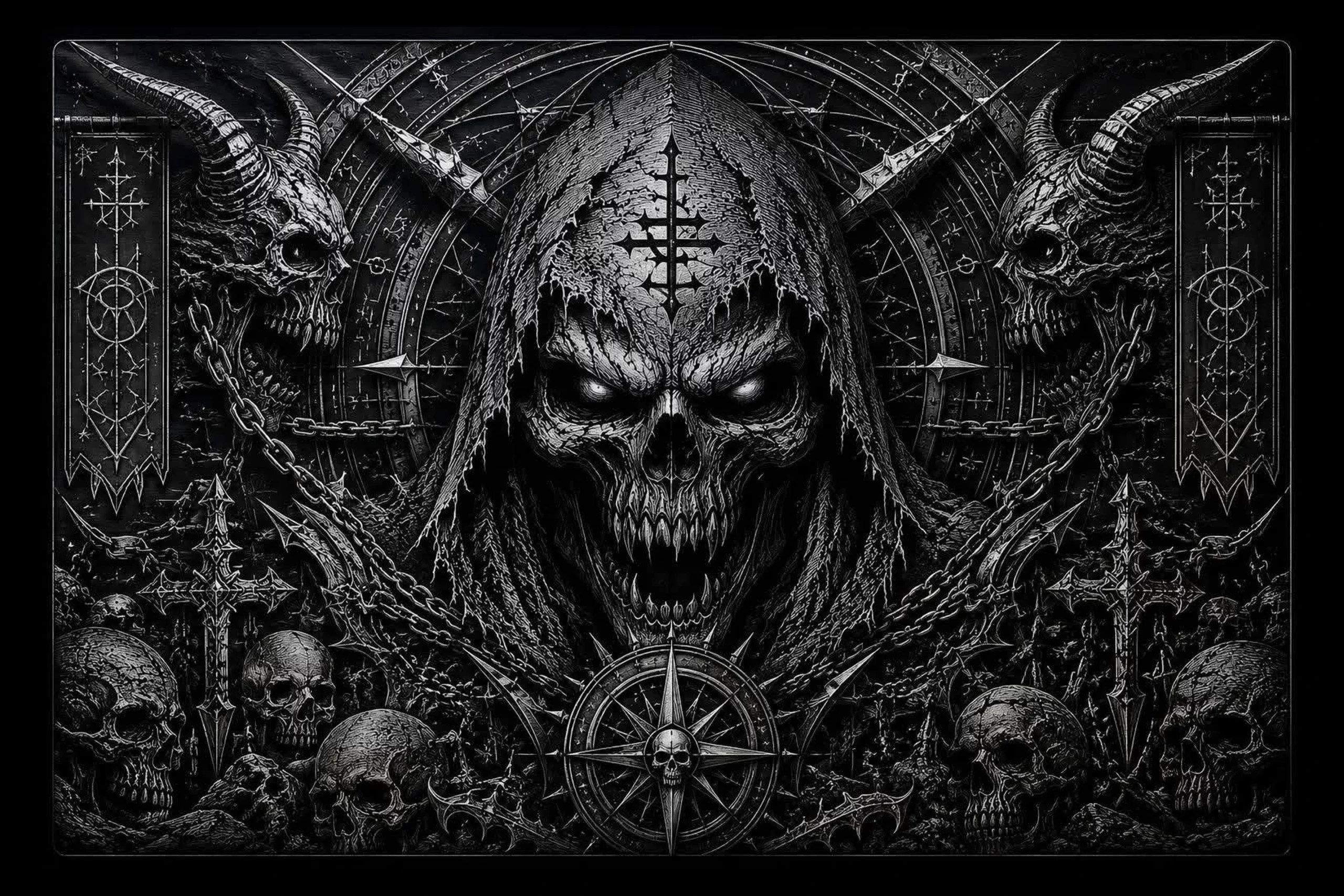 A horned skeletal reaper rises above chained demon skulls and scattered bones in a dense heavy-metal-inspired engraving.