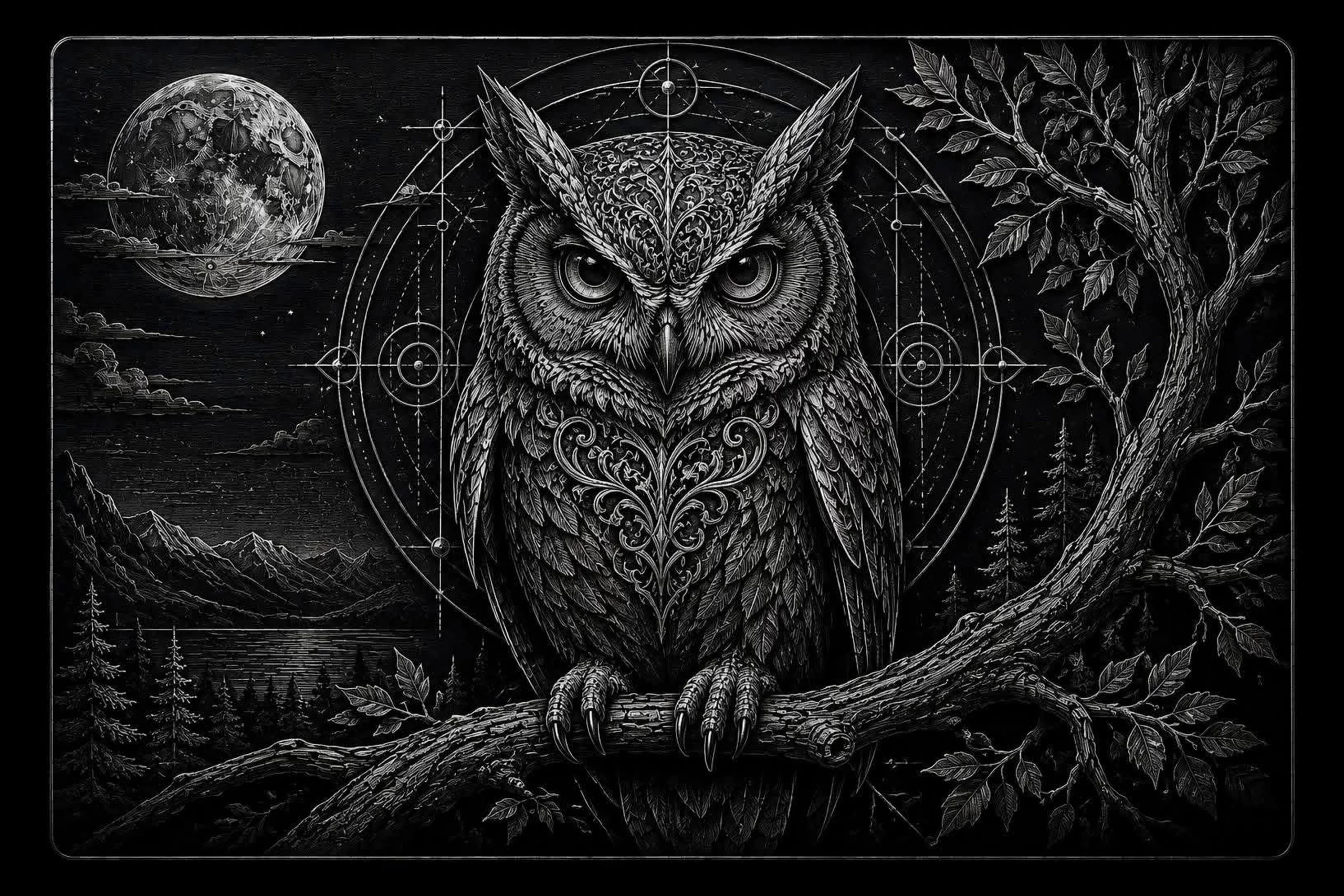 An owl watches from a gnarled branch beneath the moon, backed by mountains and a geometric halo.