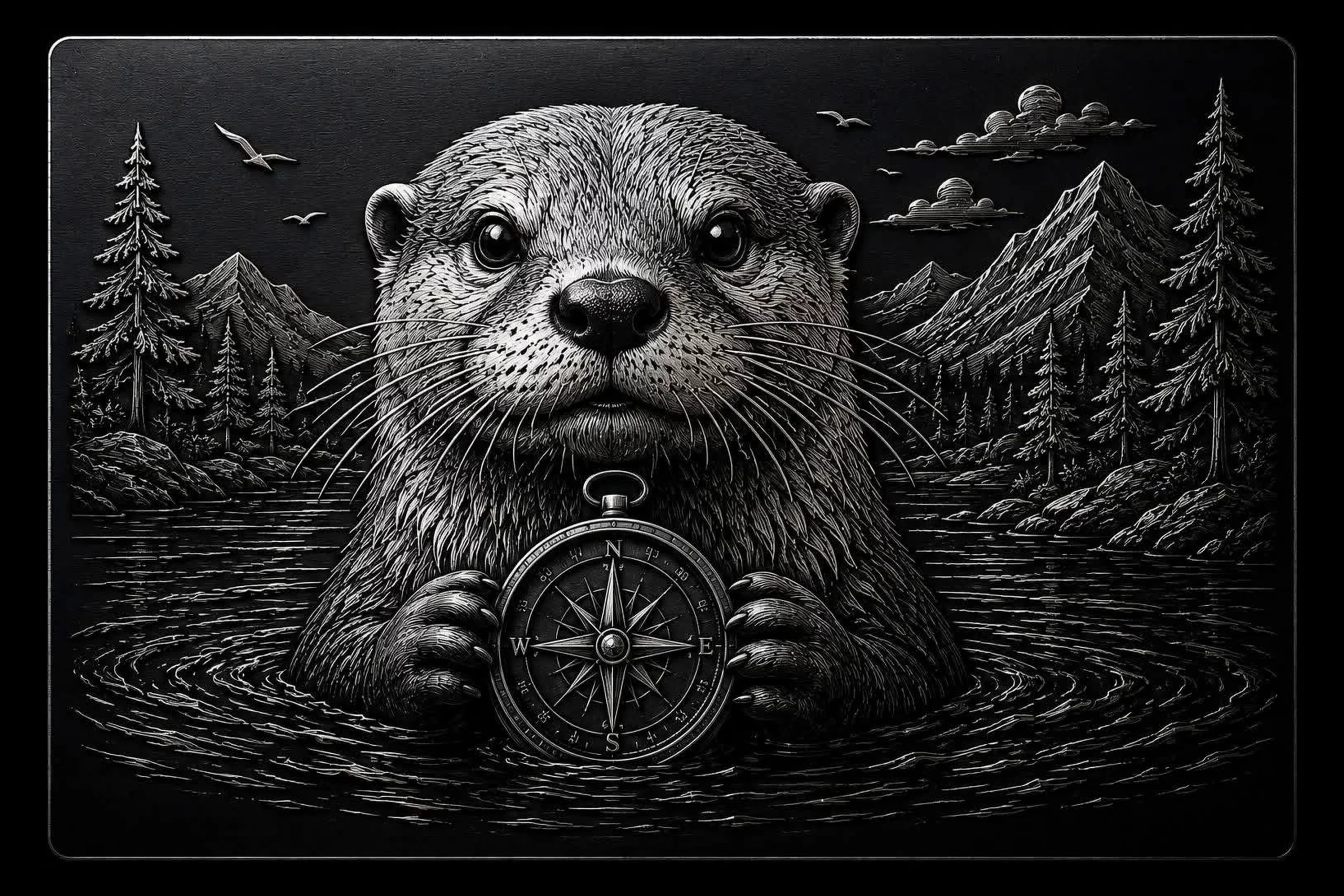 An otter rises from the water holding a compass, turning a familiar animal into a charming little wayfinder.