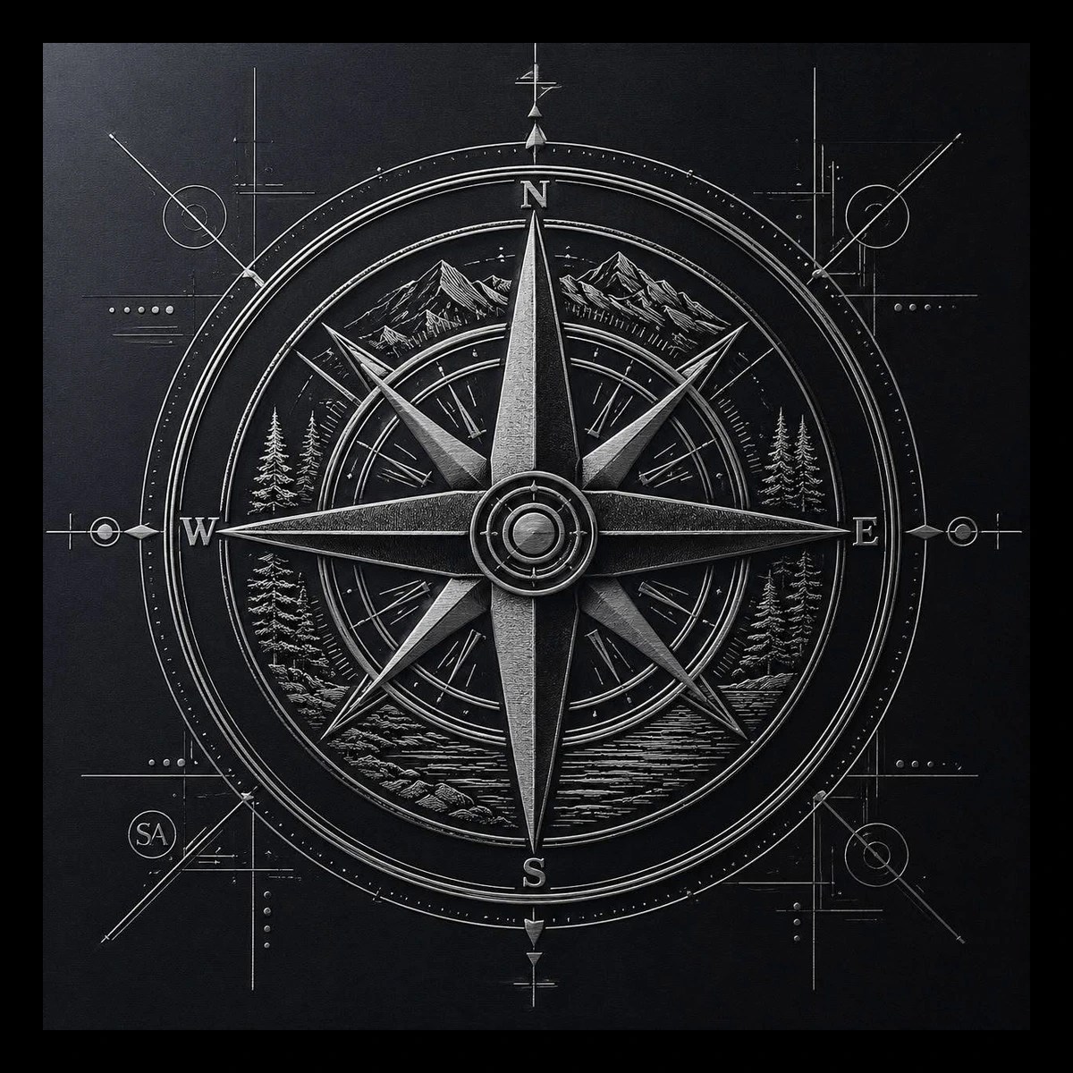 A classic compass rose opens onto a distant landscape, blending navigation, travel, and old engraved mapwork.