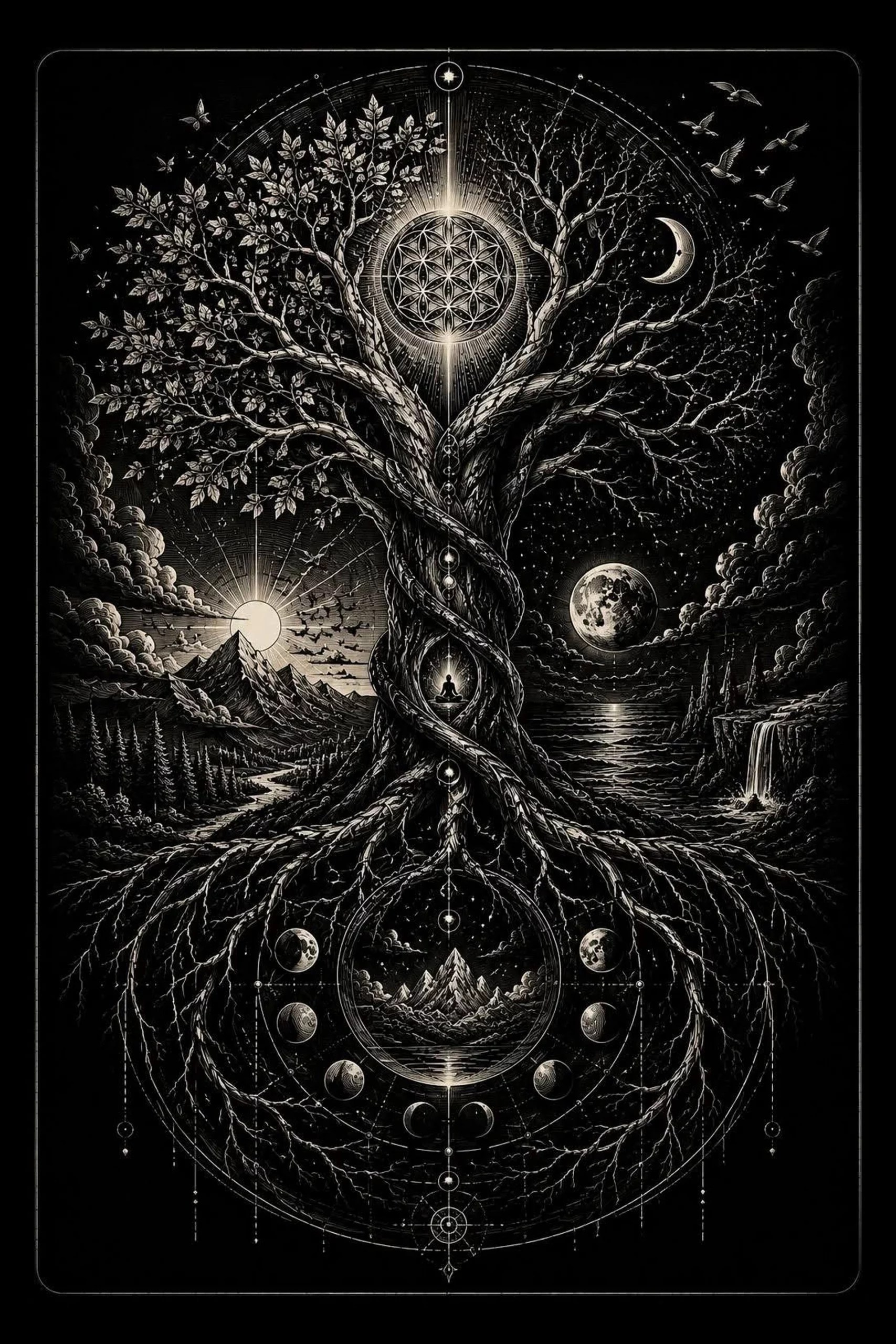 A mystical Tree of Life stretches from roots to branches beneath celestial symbols in a richly detailed vertical design.