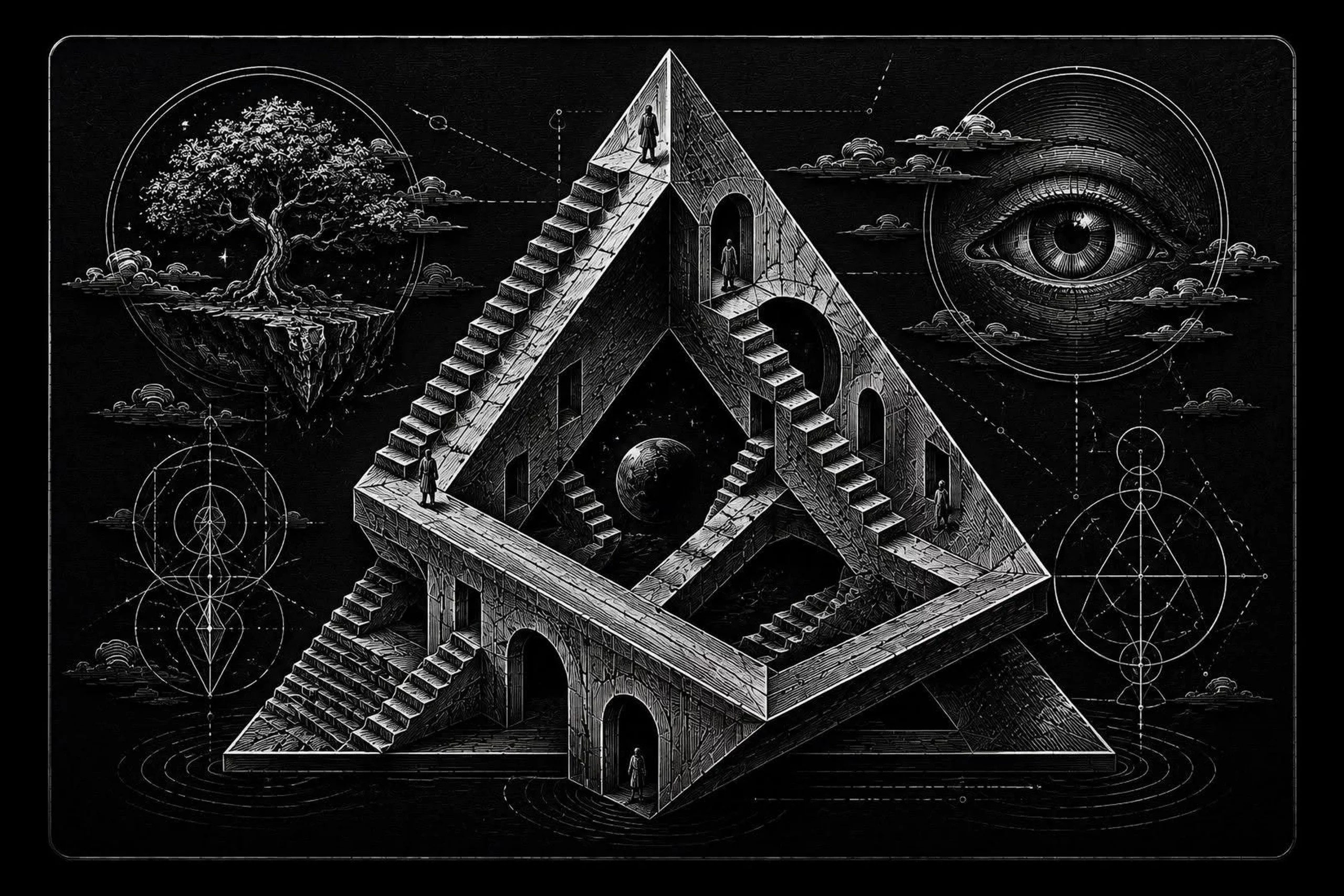 An impossible pyramid twists through floating symbols and surreal architectural details in a scene inspired by visual puzzles.