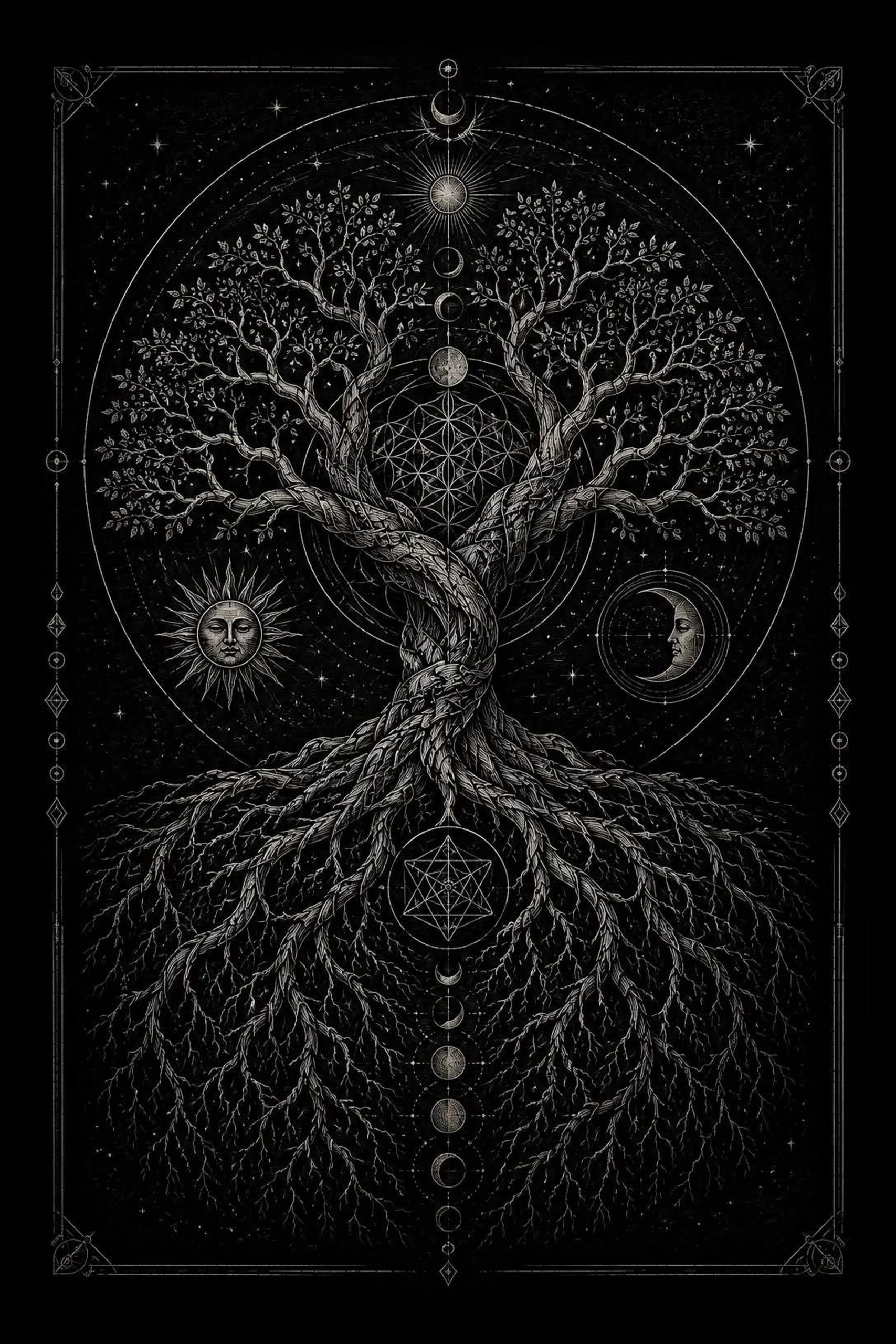 Two braided tree trunks rise above mirrored roots while celestial and alchemical symbols fill the surrounding darkness.