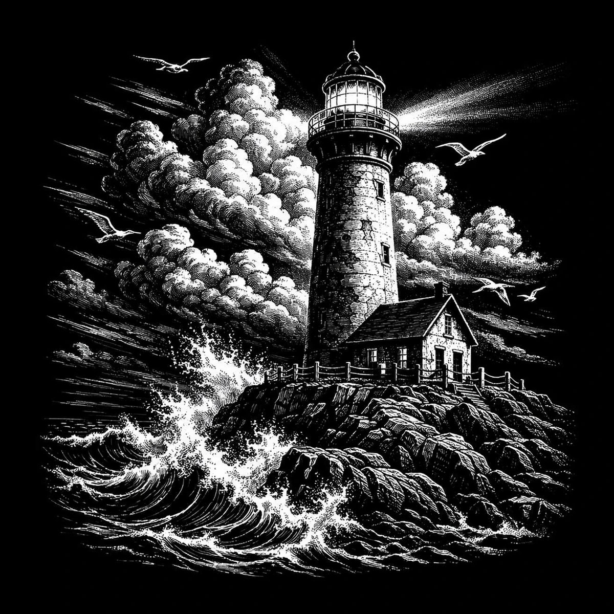 A lighthouse stands firm on a rocky coast as waves crash below and seabirds cross a dramatic sky.