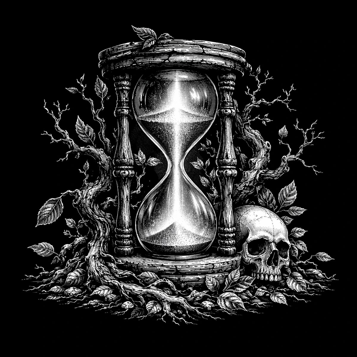 A wooden hourglass is overtaken by roots and branches while a skull waits at its base, turning time into something ancient and alive.