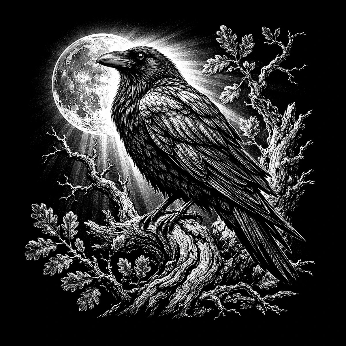 A lone raven sits on a twisted branch with the full moon glowing behind it.