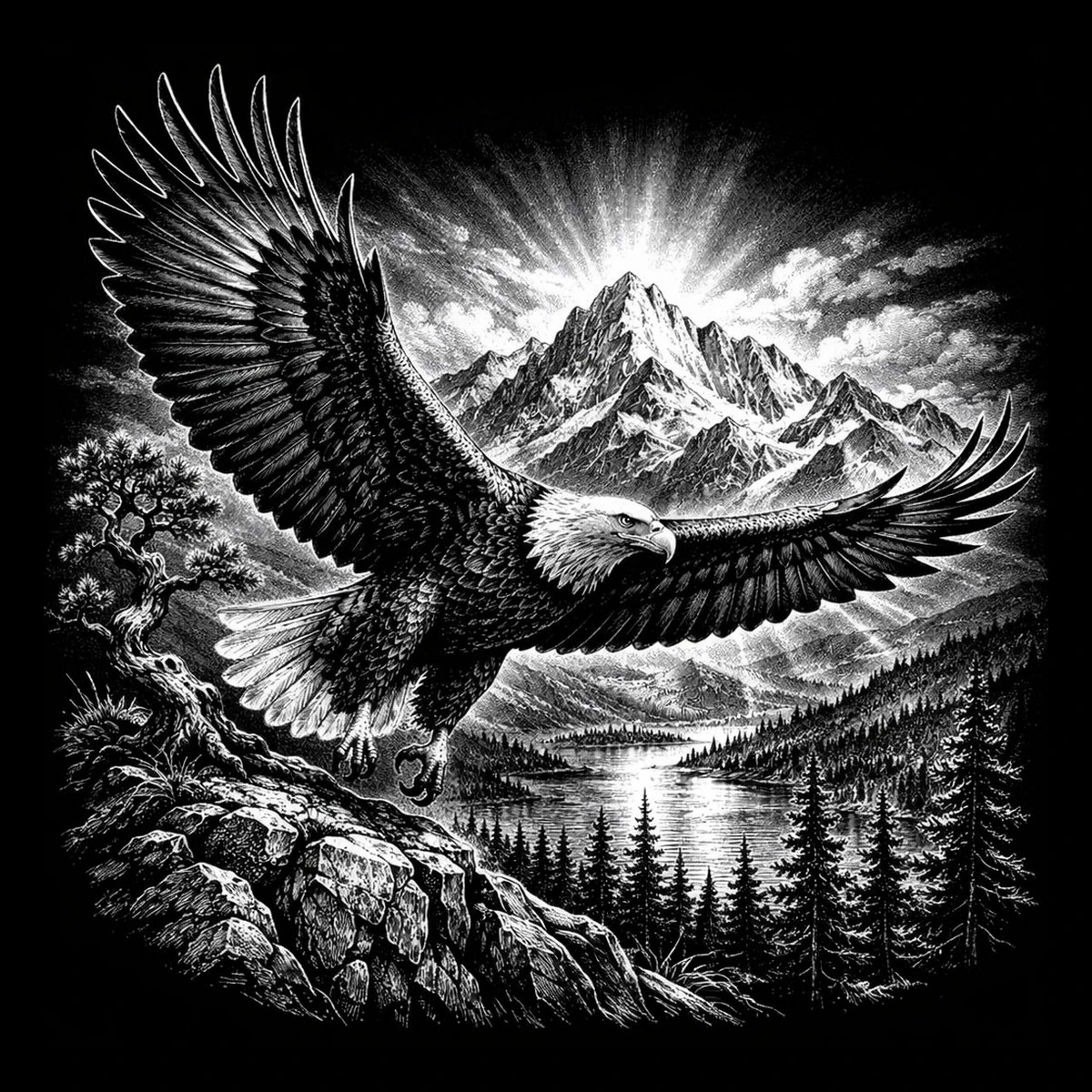 A bald eagle glides over a mountain lake, combining open sky, distant peaks, and classic engraved wildlife detail.
