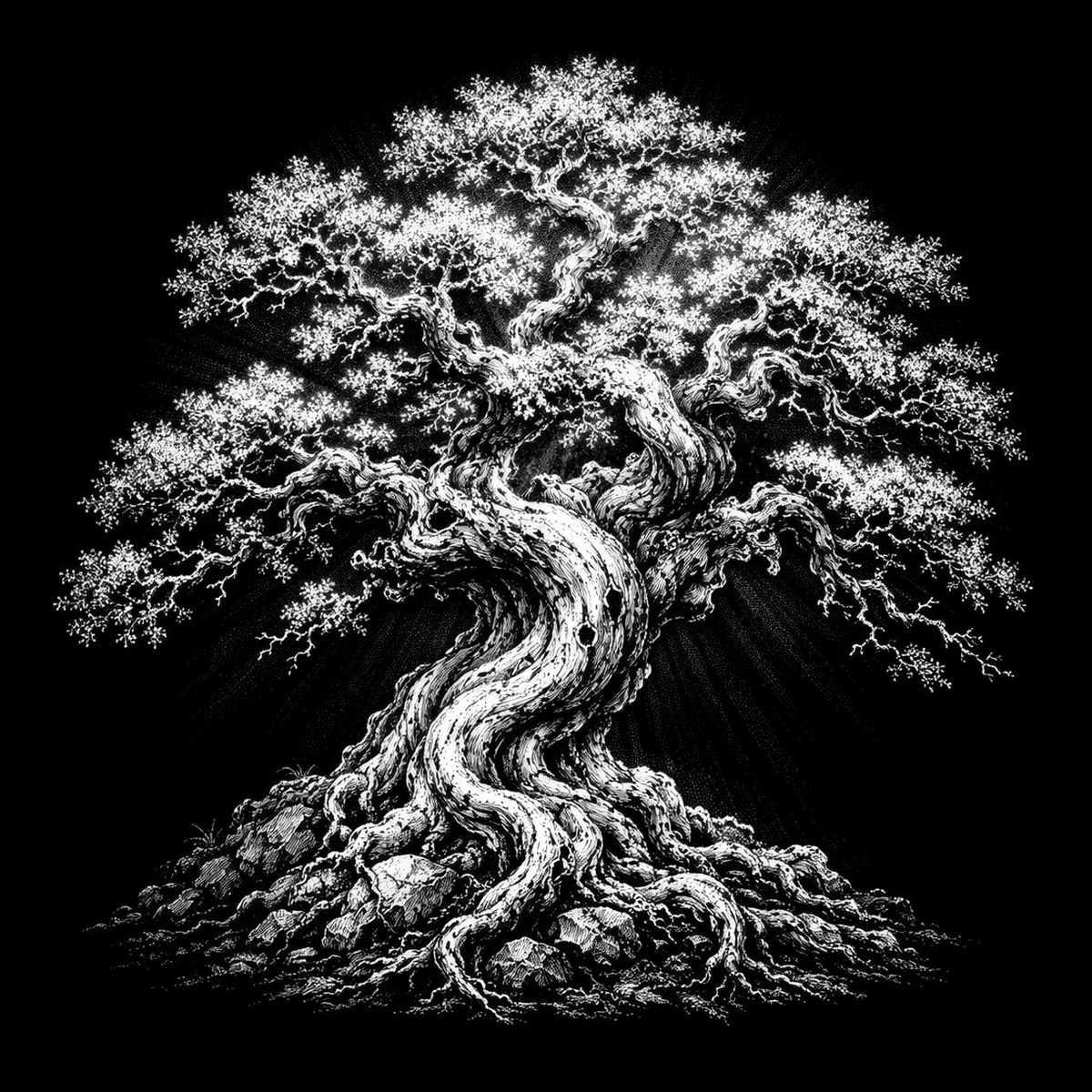 An ancient oak spreads its twisted branches across a dark background, emphasizing age, strength, and natural character.