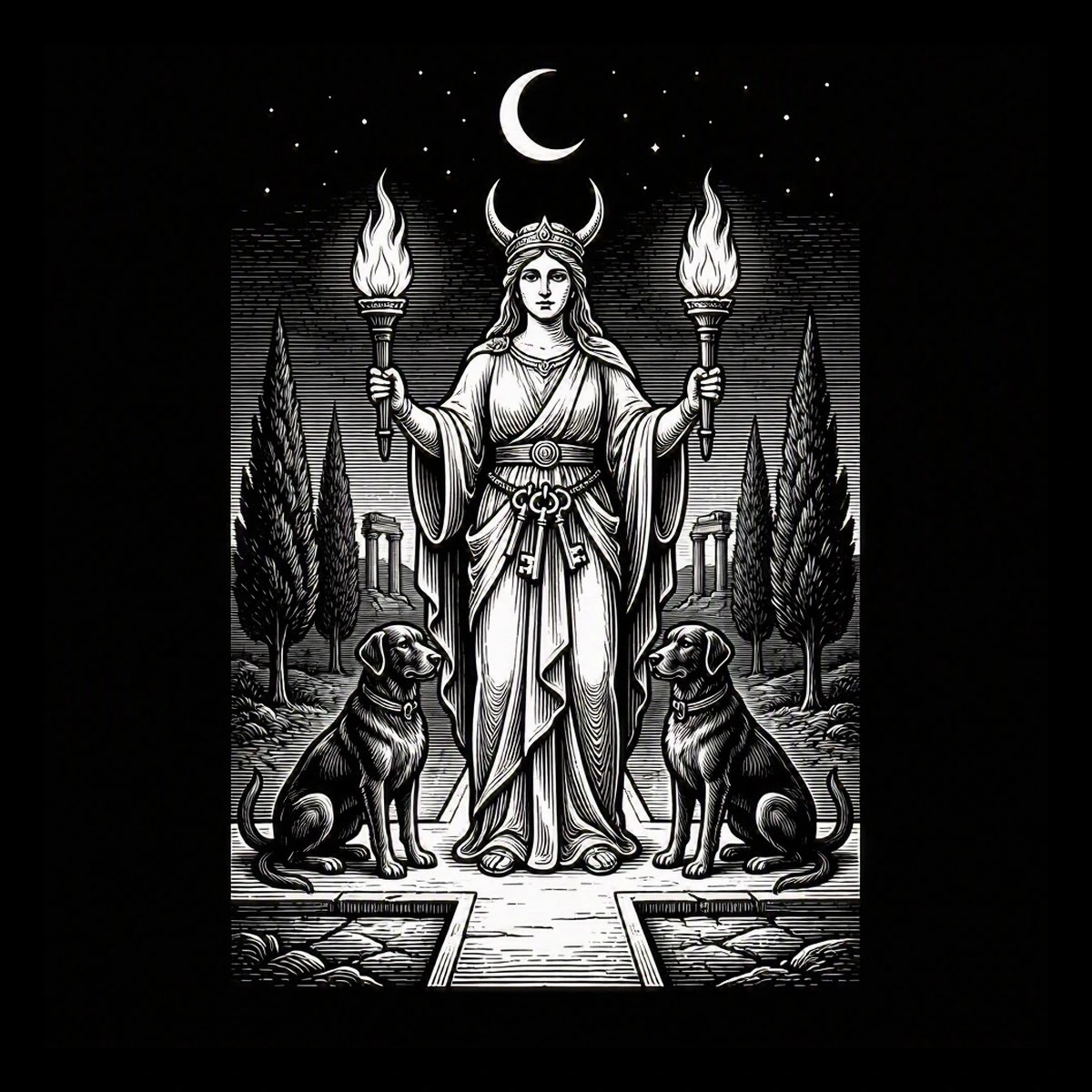 A robed goddess stands at a crossroads holding two torches while two dogs keep watch beneath a crescent moon.