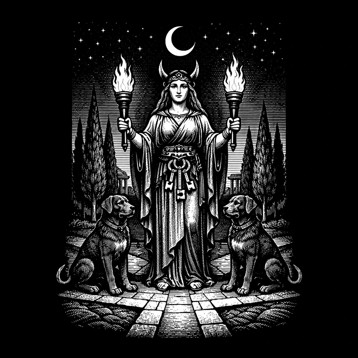 A crowned goddess raises twin torches between two seated dogs, set against a starry garden and crescent moon.