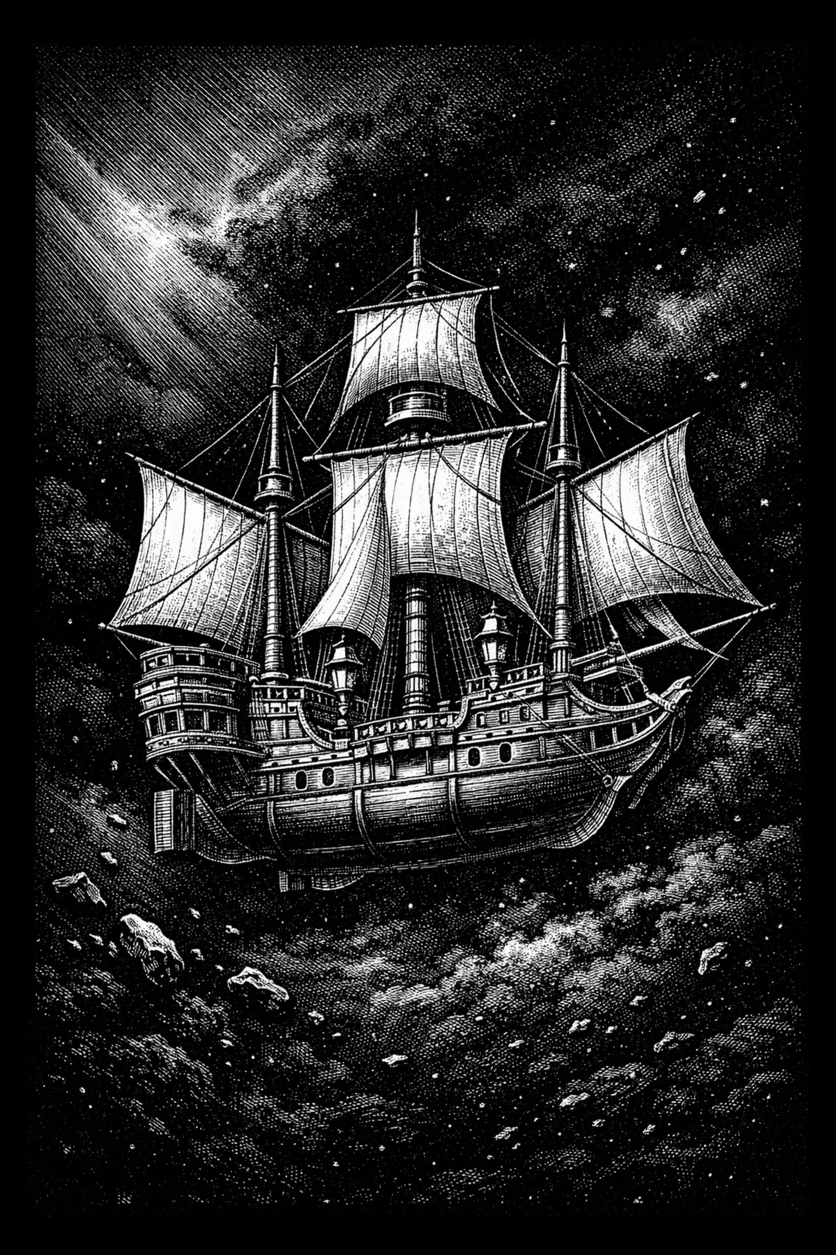 A three-masted sailing ship leaves the ocean behind and drifts through a field of stars.