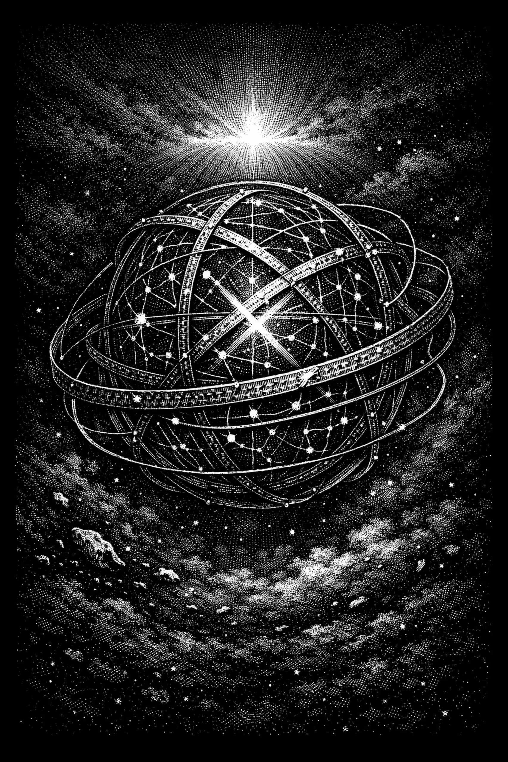 An armillary sphere floats among the stars like an antique instrument built to measure the heavens.