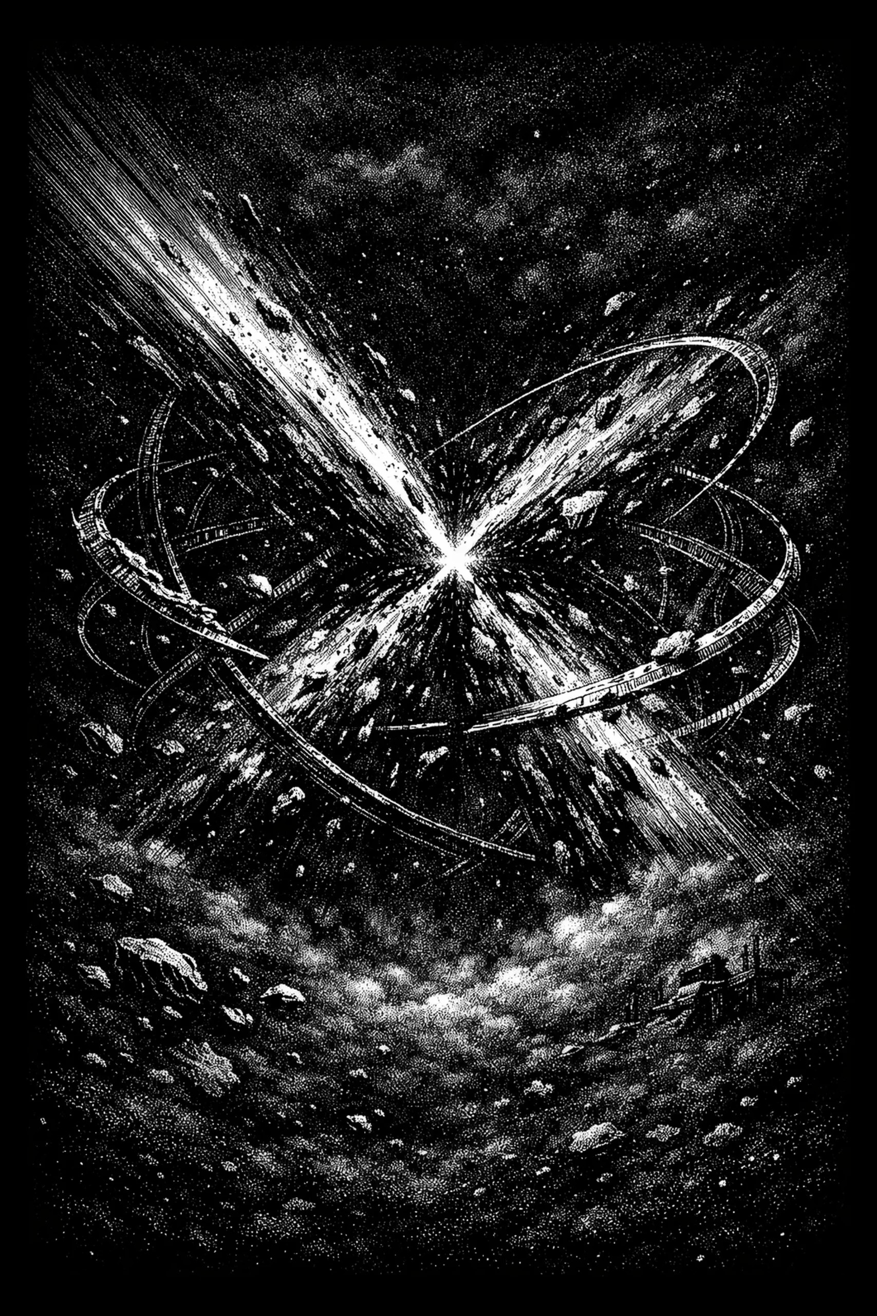 Broken rings, flying debris, and a violent burst of light capture the instant of a cosmic collision.