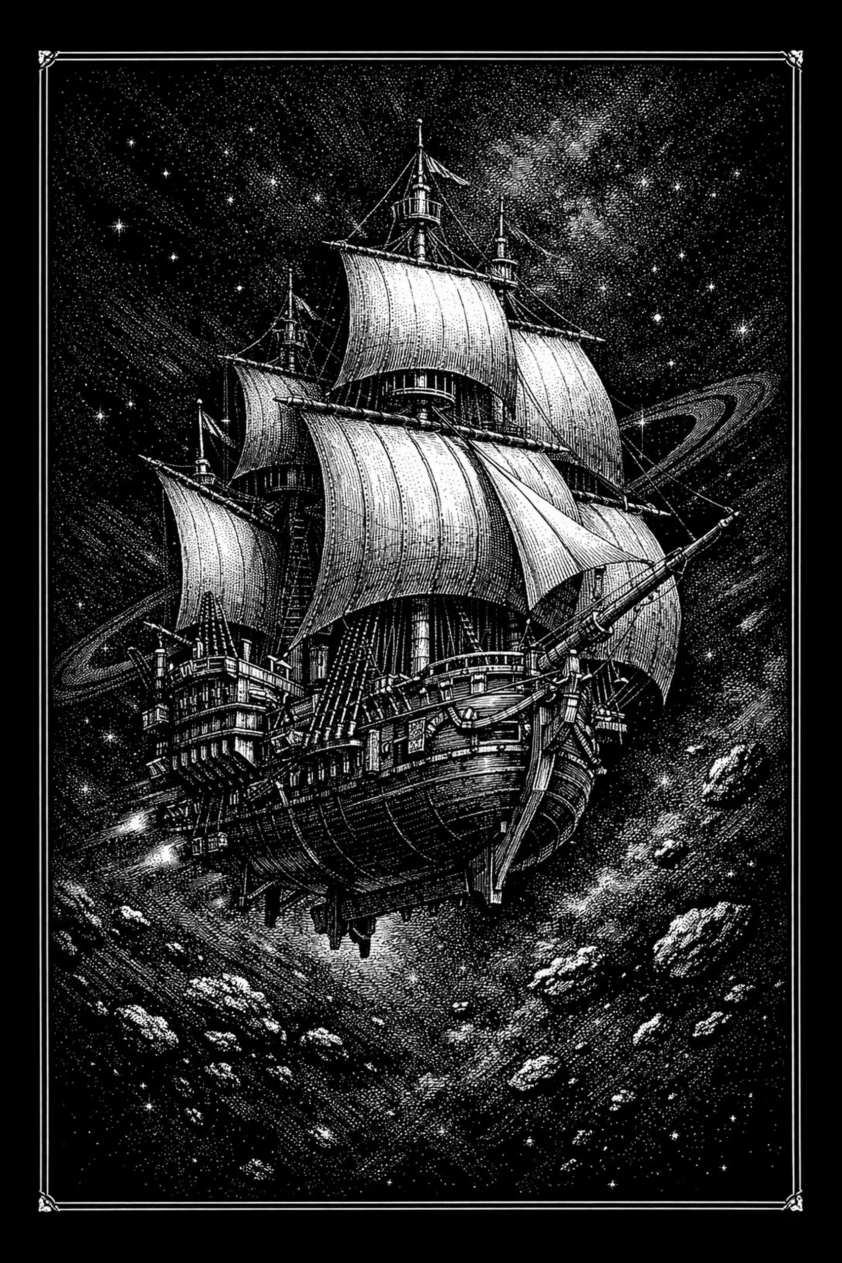 A grand seventeenth-century galleon sails through outer space with full sails, rigging, and carved stern detail.