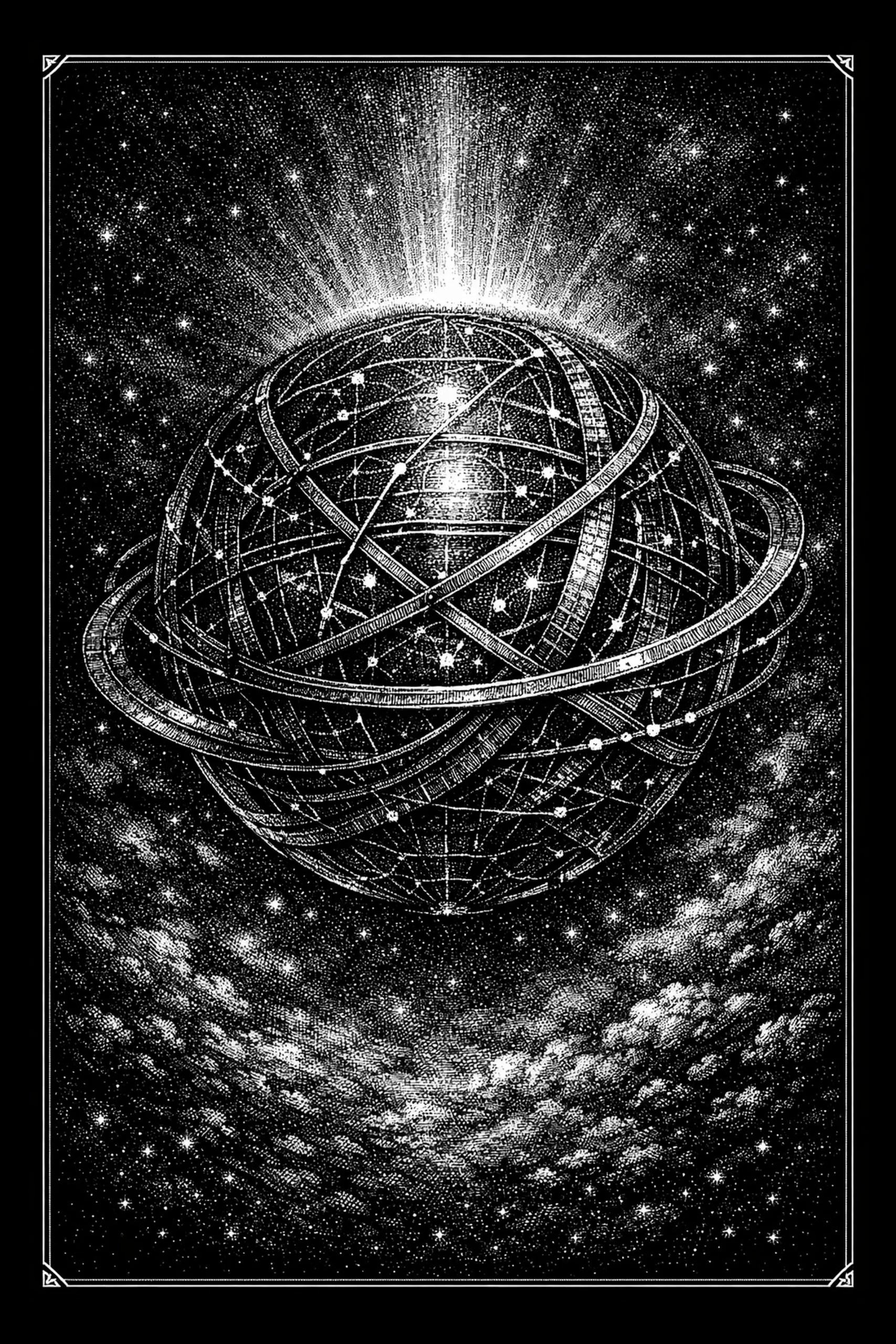 An ornate armillary sphere hangs in a deep starfield, combining antique astronomy with a quiet sense of wonder.