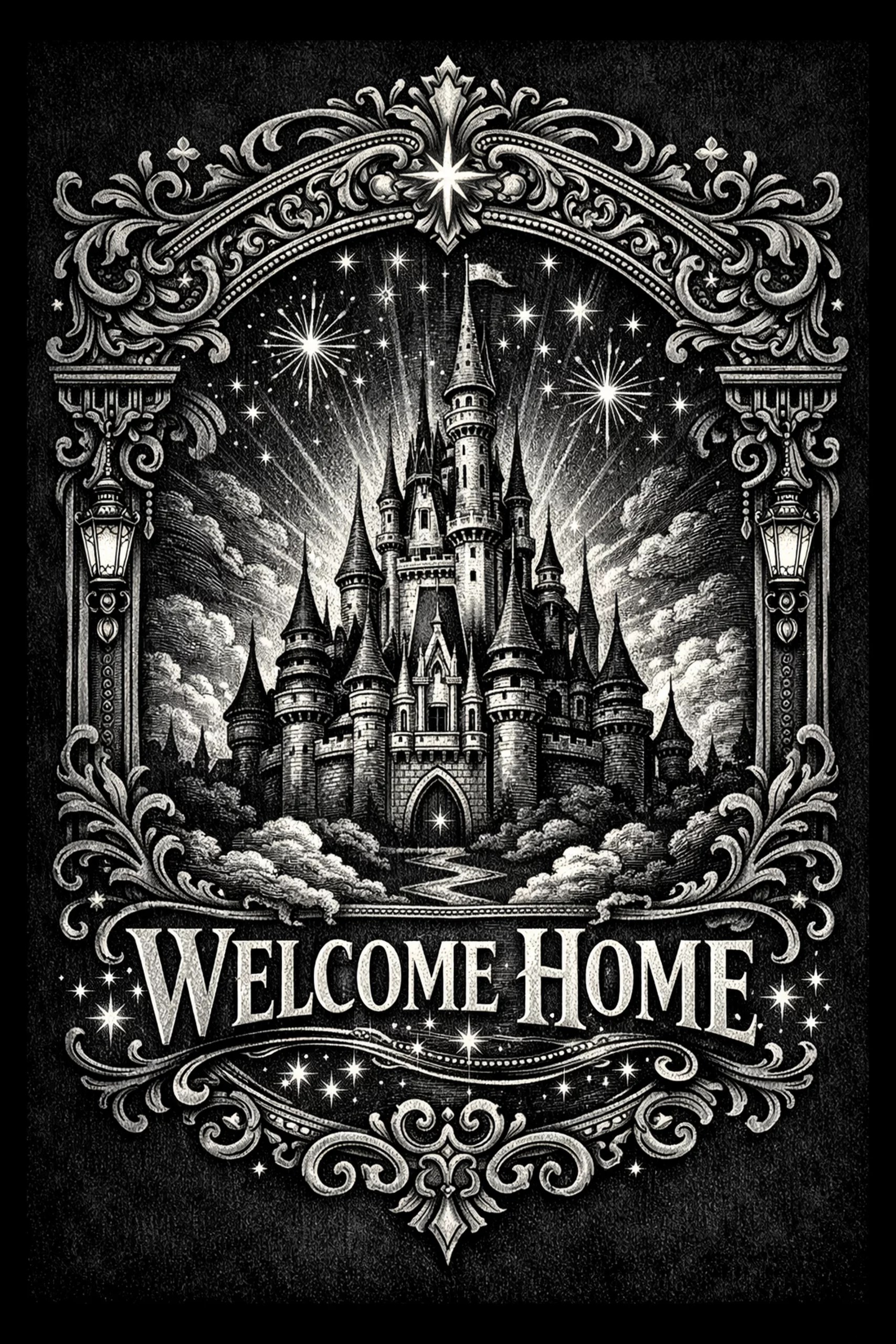 A fairytale castle rises beneath a WELCOME HOME banner, turning the familiar idea of returning home into a storybook moment.
