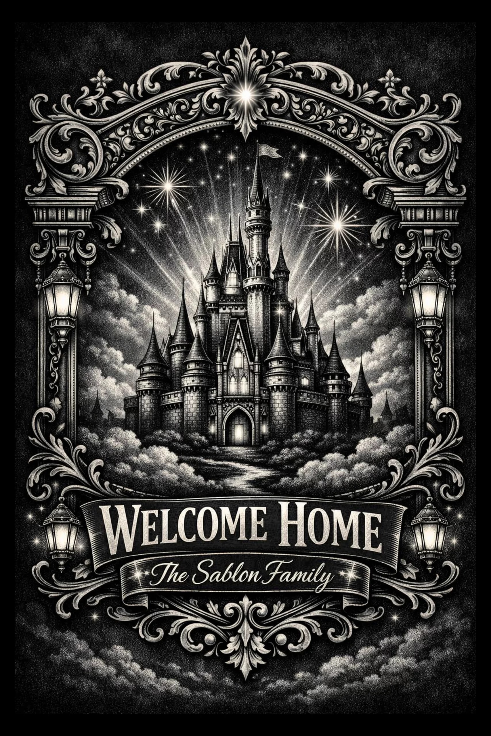 An ornate fantasy castle sits inside decorative scrollwork beneath a WELCOME HOME banner and personalized family name.