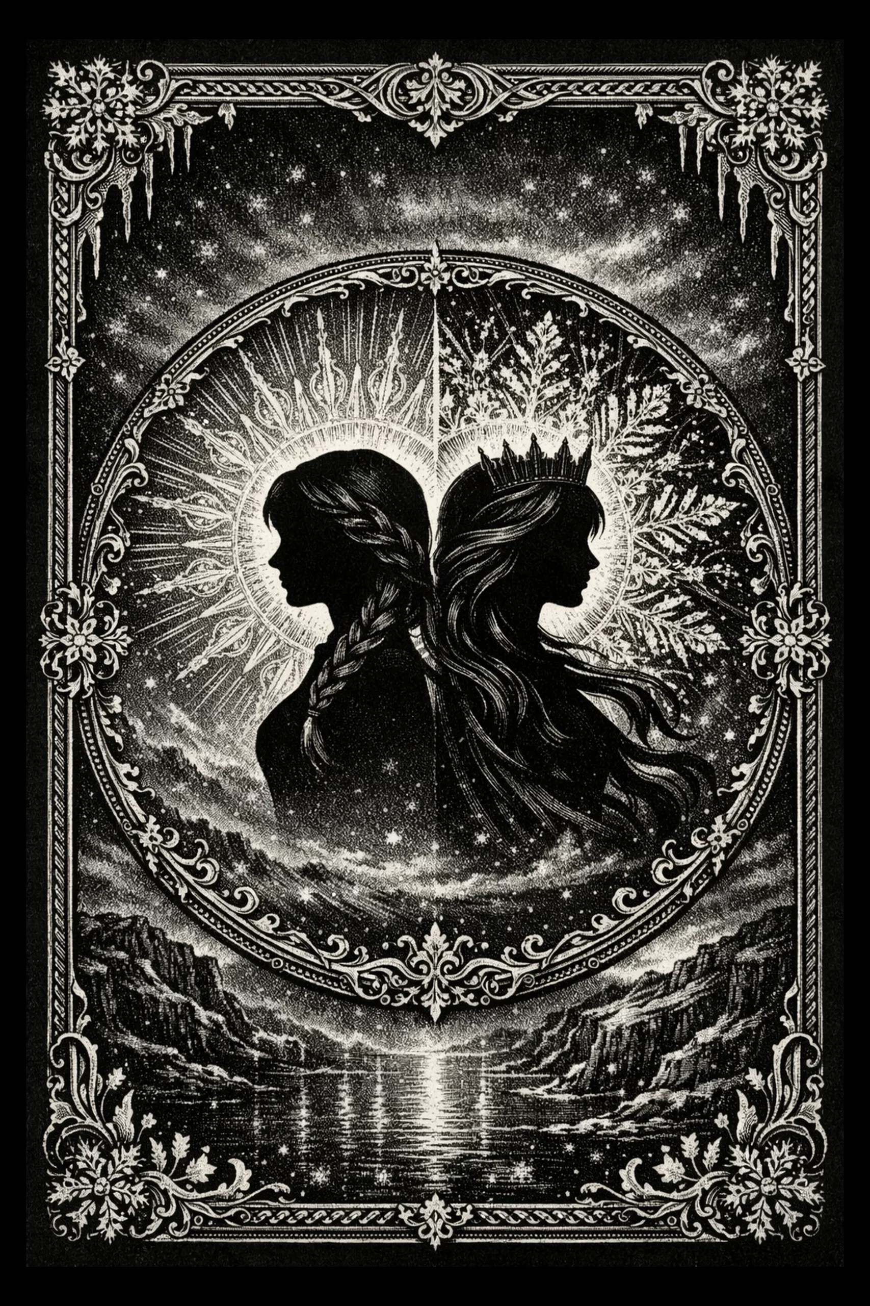 Two women stand back to back above a mirrored winter landscape inside an ornate circular frame.