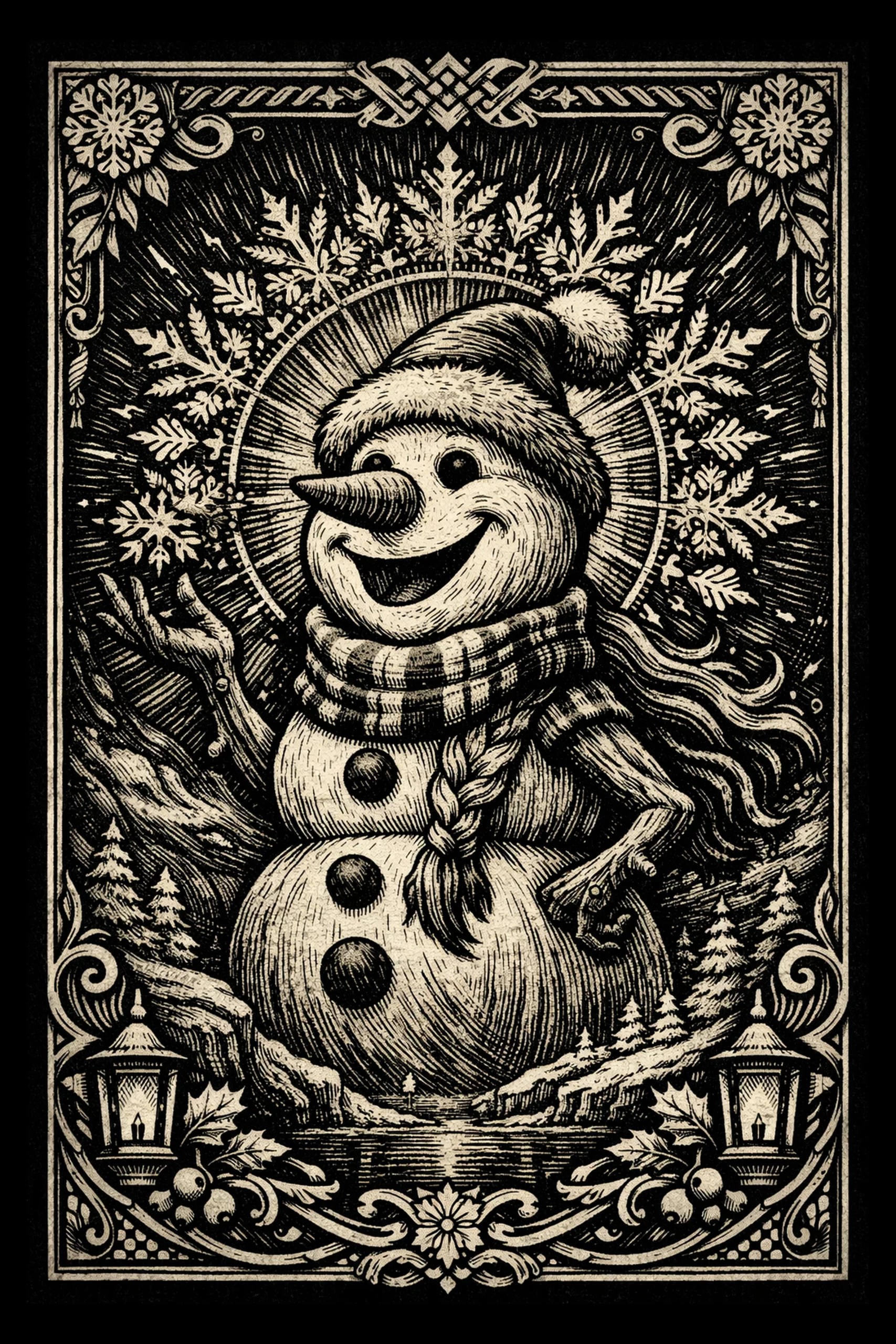 A cheerful snowman gets the full Victorian engraving treatment for a holiday piece with old-fashioned charm.