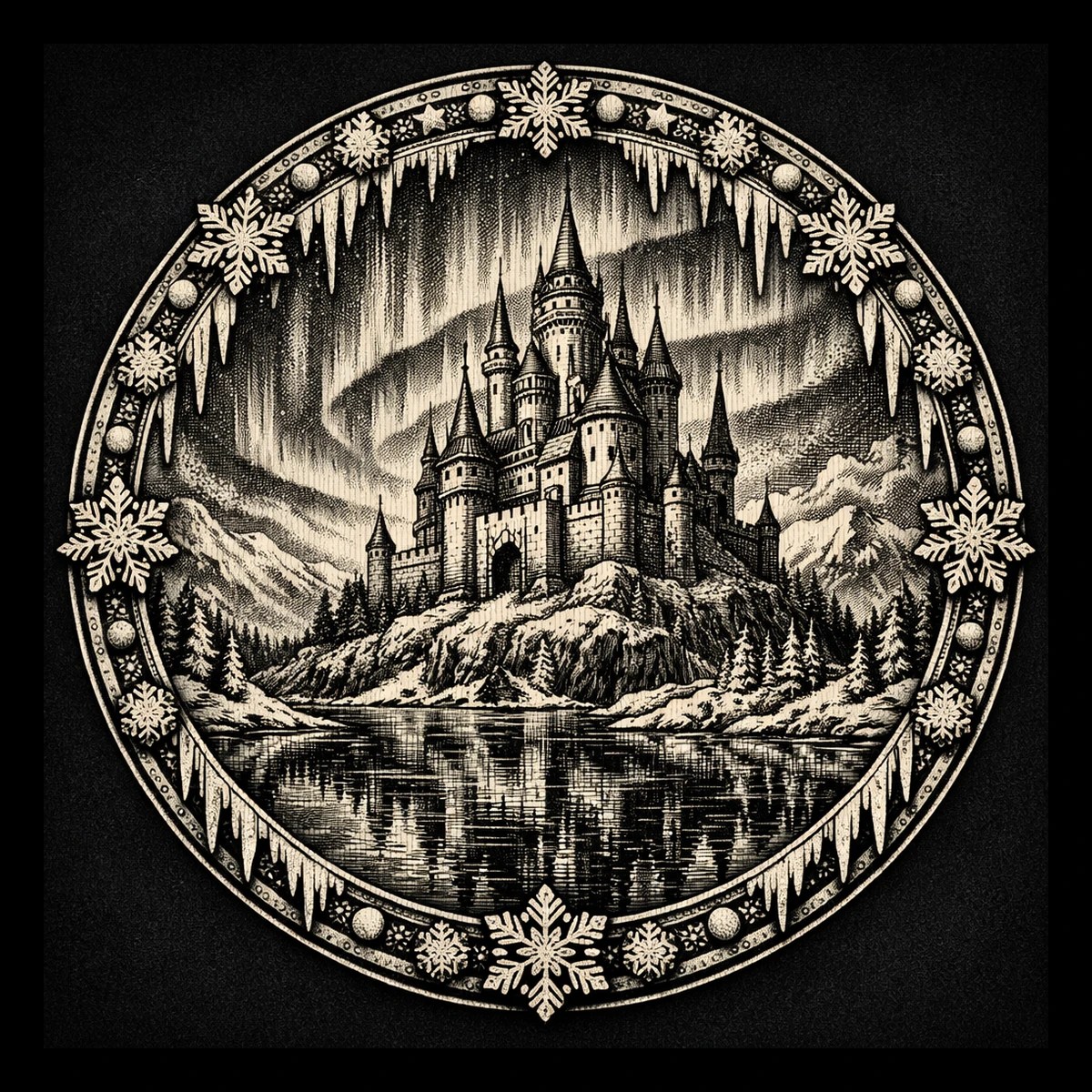 A medieval castle rises from a rocky island above still water, surrounded by an icy snowflake border.