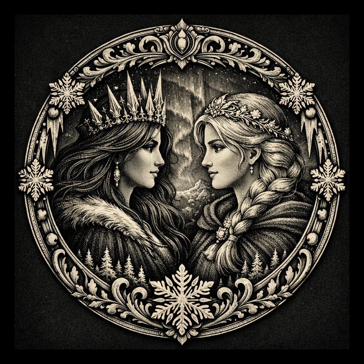 Two winter queens face one another inside an ornate circular frame, creating a balanced portrait of sisterhood and contrast.