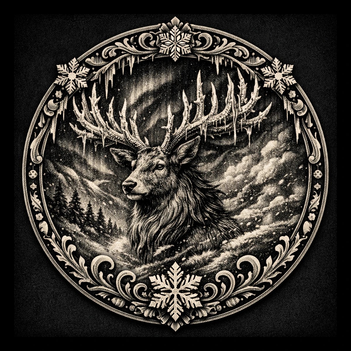 A proud stag stands among snowy pines with icicle-covered antlers inside a decorative winter medallion.